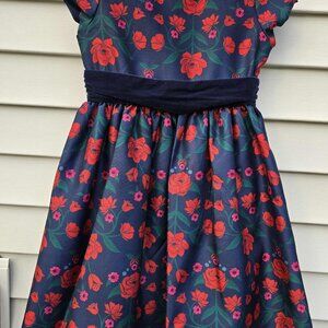 Gymboree Girls size 7 Floral Red & Navy party, Christmas dress velvet bow